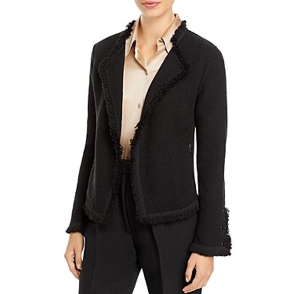 NIC+ZOE Womens Black Fringe Trim Open Front Knit Jacket XS Snap Cuff Pocket